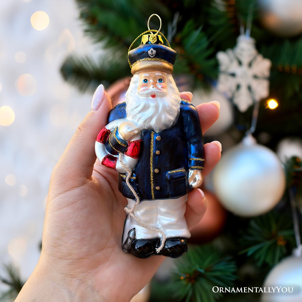 Santa the Ship Captain Glass Ornament, Gift for Boat Commander of the Seas