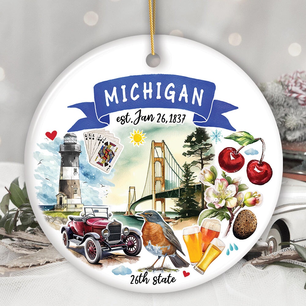 Artistic Michigan State Themes and Landmarks Christmas Ornament