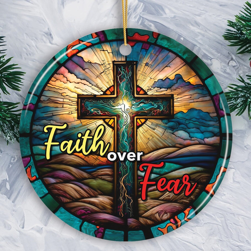 Religious Cross Jesus Stained Glass Art Ornament with Faith over Fear Quote