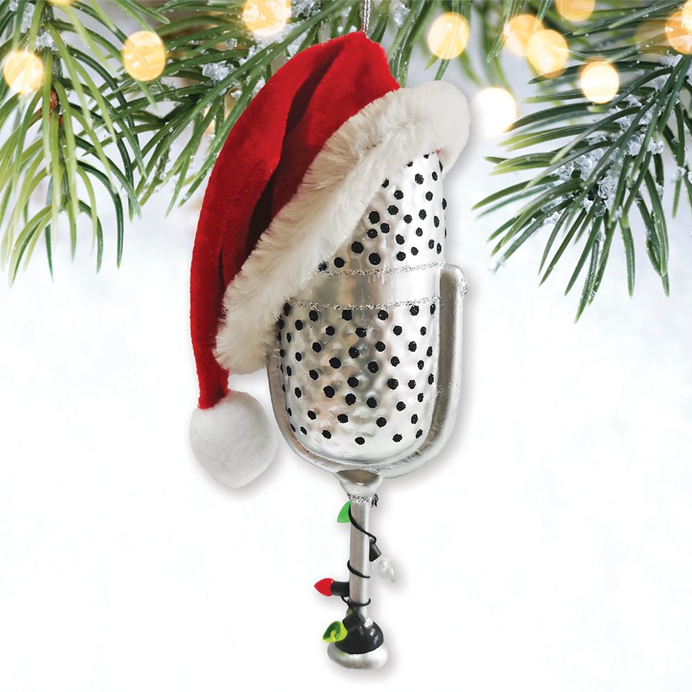 Christmas Themed Microphone Glass Ornament, Music Themed Gift for Musicians