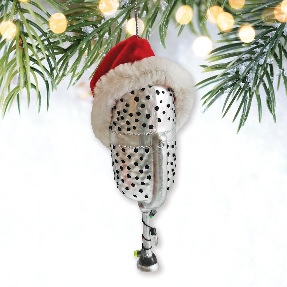 Christmas Themed Microphone Glass Ornament, Music Themed Gift for Musicians