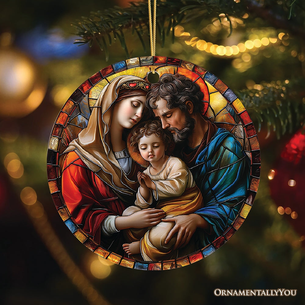 The Holy Embrace Stained Glass Themed Ceramic Ornament, Birth of Jesus Nativity Scene with Joseph and Mary