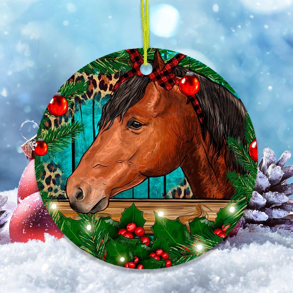 Elegant Brown Horse in Christmas Wreath Ornament