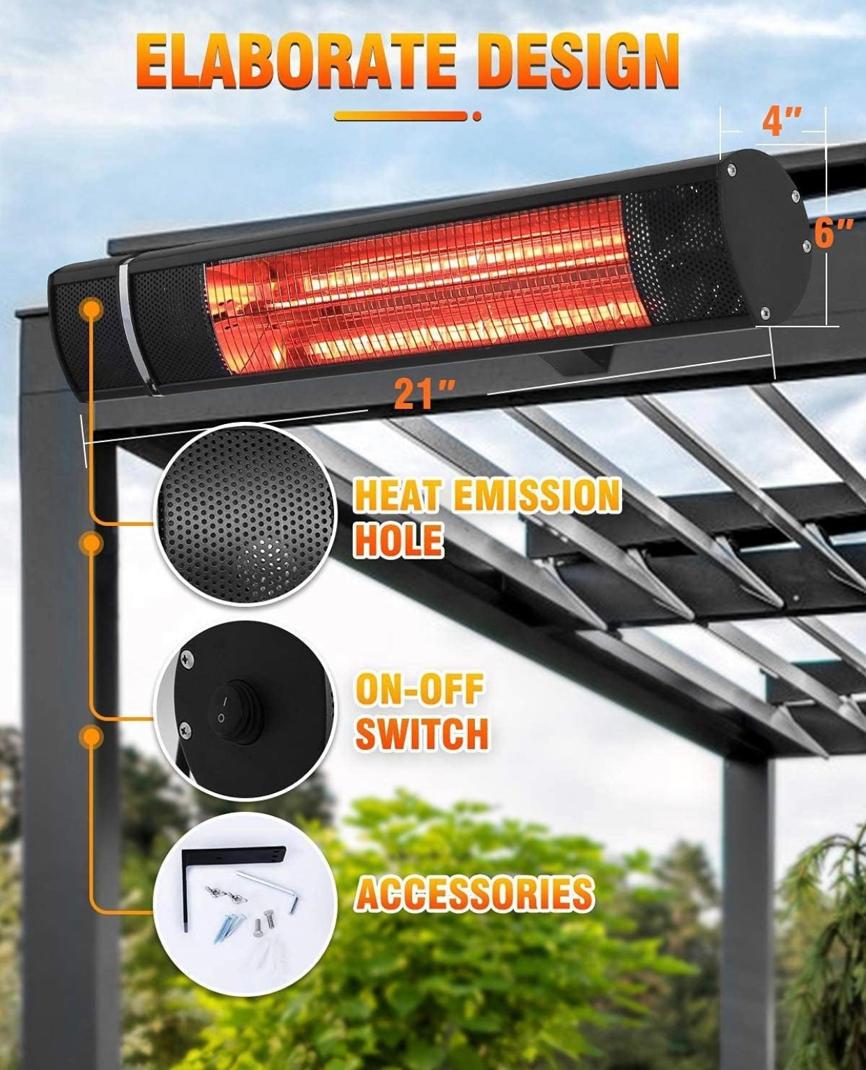 Electric Patio Heater, 1500W Outdoor Heater with 3 Power Settings, Infrared Heater with Remote Control, Overheat Protection, Wall Mounted Space Heater, In/Outdoor