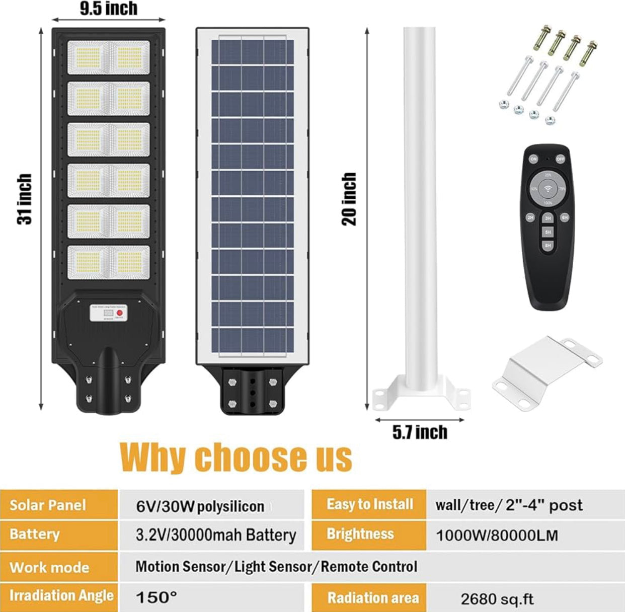 1000W Solar Street Light Motion Sensor, 80000LM IP65 Waterproof with Remote Control