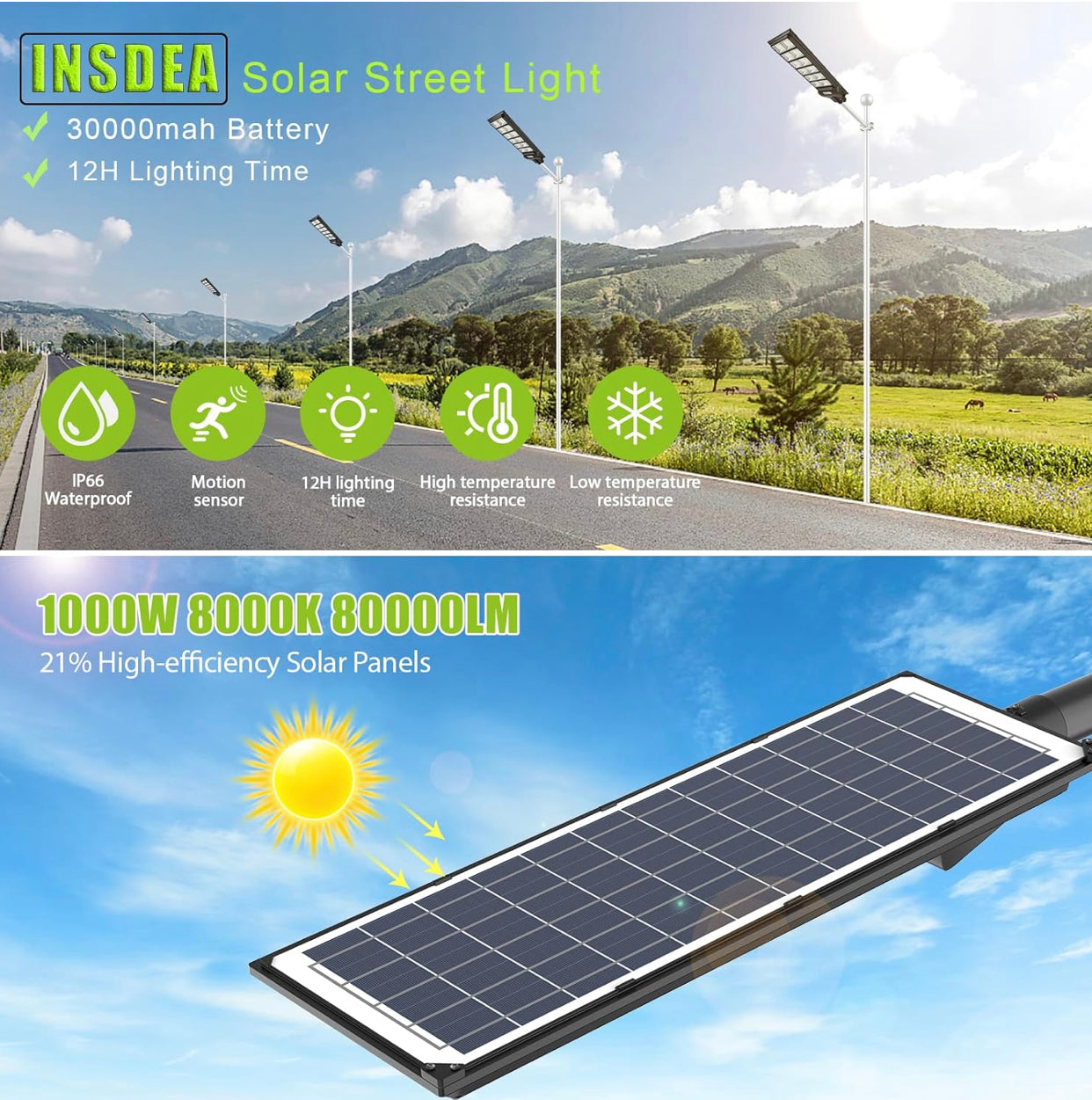 1000W Solar Street Light Motion Sensor, 80000LM IP65 Waterproof with Remote Control