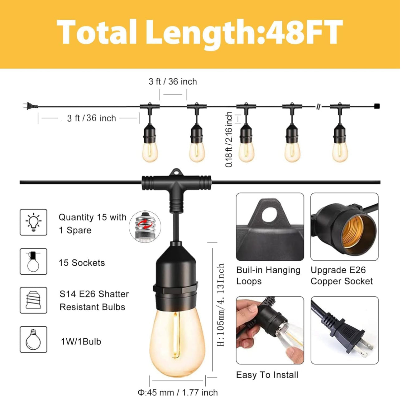 48 Ft Plug-In LED Outdoor String Lights Waterproof- Hanging, Dimmable 2W Vintage Edison Bulbs