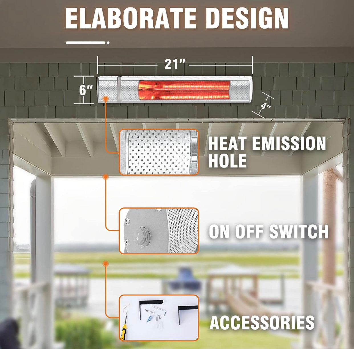 Electric Patio Heater, 1500W Outdoor Heater with 3 Power Settings, Infrared Heater with Remote Control, Overheat Protection, Wall Mounted Space Heater, In/Outdoor