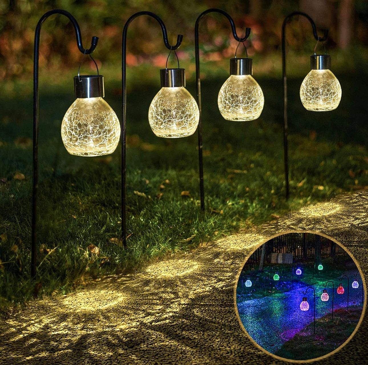 Berkeley Jensen 4 Pack Hanging Solar Lights with Shepherd Hooks, Crackle Glass Ball Design