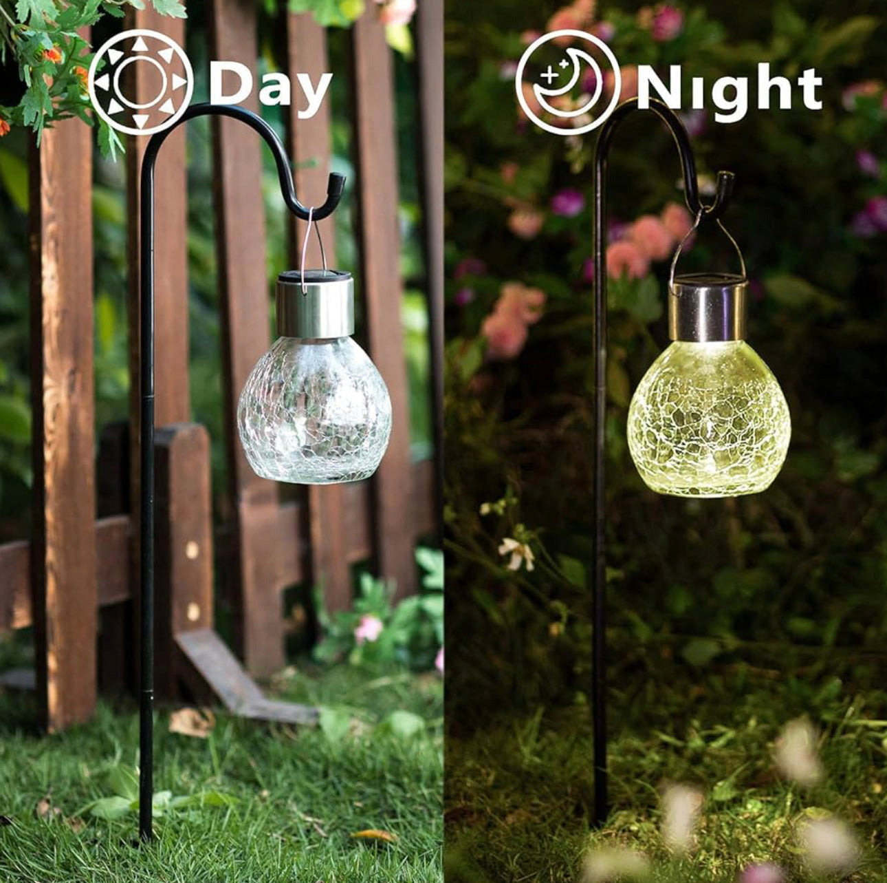 Berkeley Jensen 4 Pack Hanging Solar Lights with Shepherd Hooks, Crackle Glass Ball Design