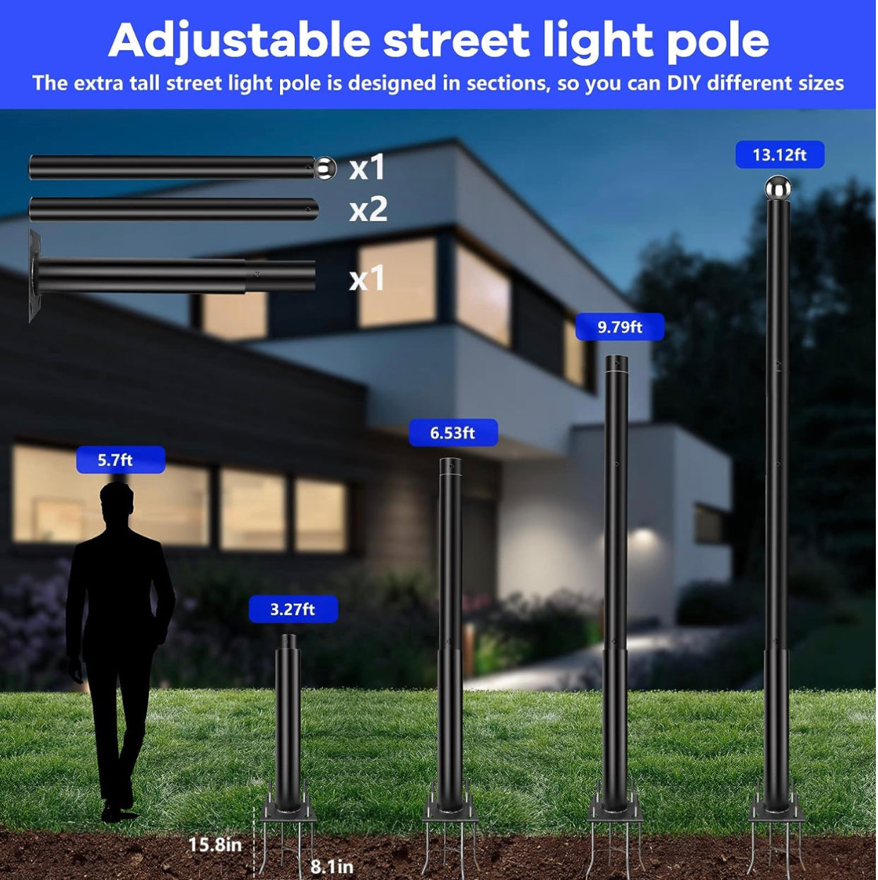 13FT Street Light Pole Garden Light Heavy Metal Light Pole Black Iron Aluminum Pole with Ground Cage and Mounting Kit for Heavy Duty