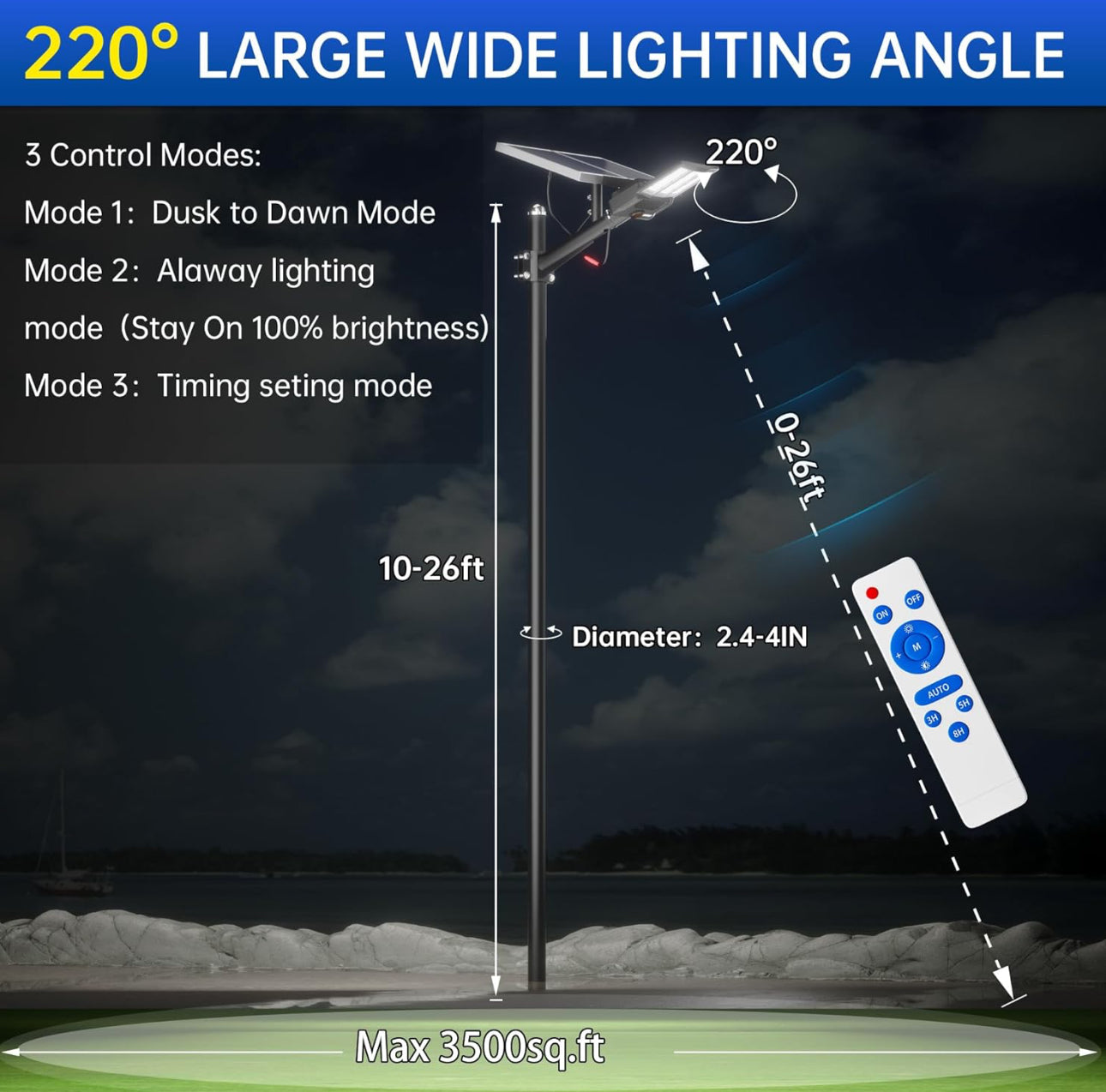 6500W Solar Street Lights Outdoor, 500000LM High Powered Commercial Parking Lot Lights 6500K Dusk to Dawn with Remote