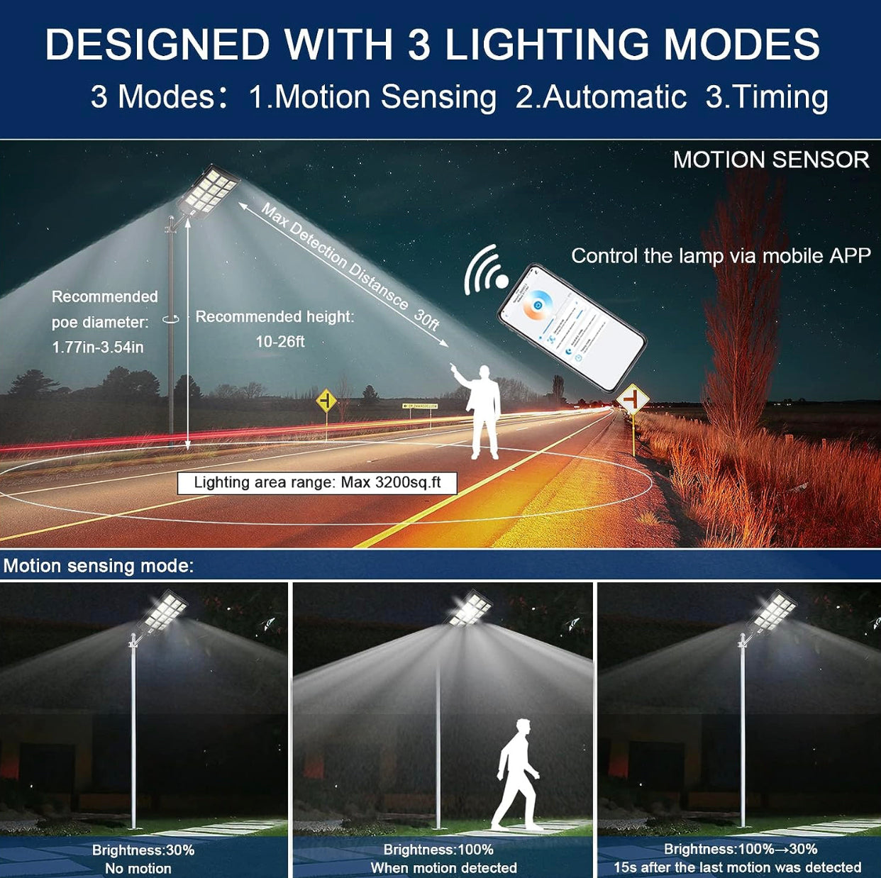 2000W Solar Street Light Outdoor, 250000LM 6500K with Mobile App Remote Control Dusk to Dawn LED Motion Sensor