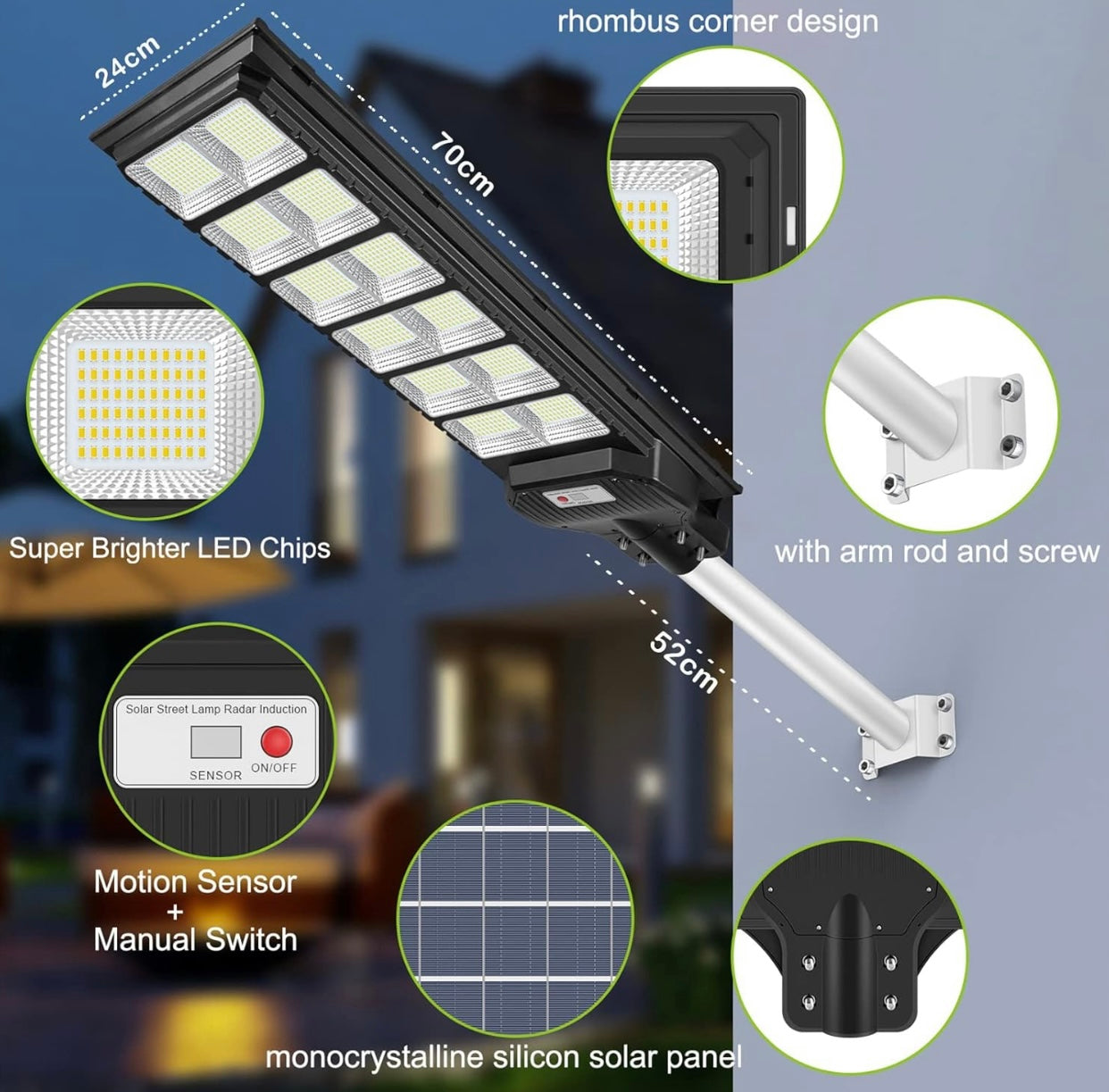 1000W Solar Street Light Motion Sensor, 80000LM IP65 Waterproof with Remote Control