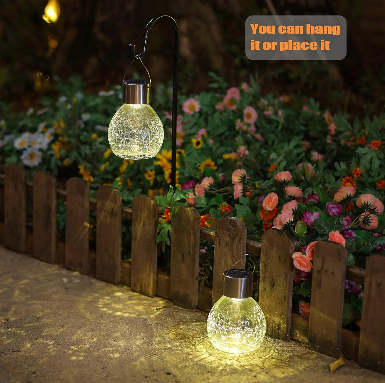 Berkeley Jensen 4 Pack Hanging Solar Lights with Shepherd Hooks, Crackle Glass Ball Design