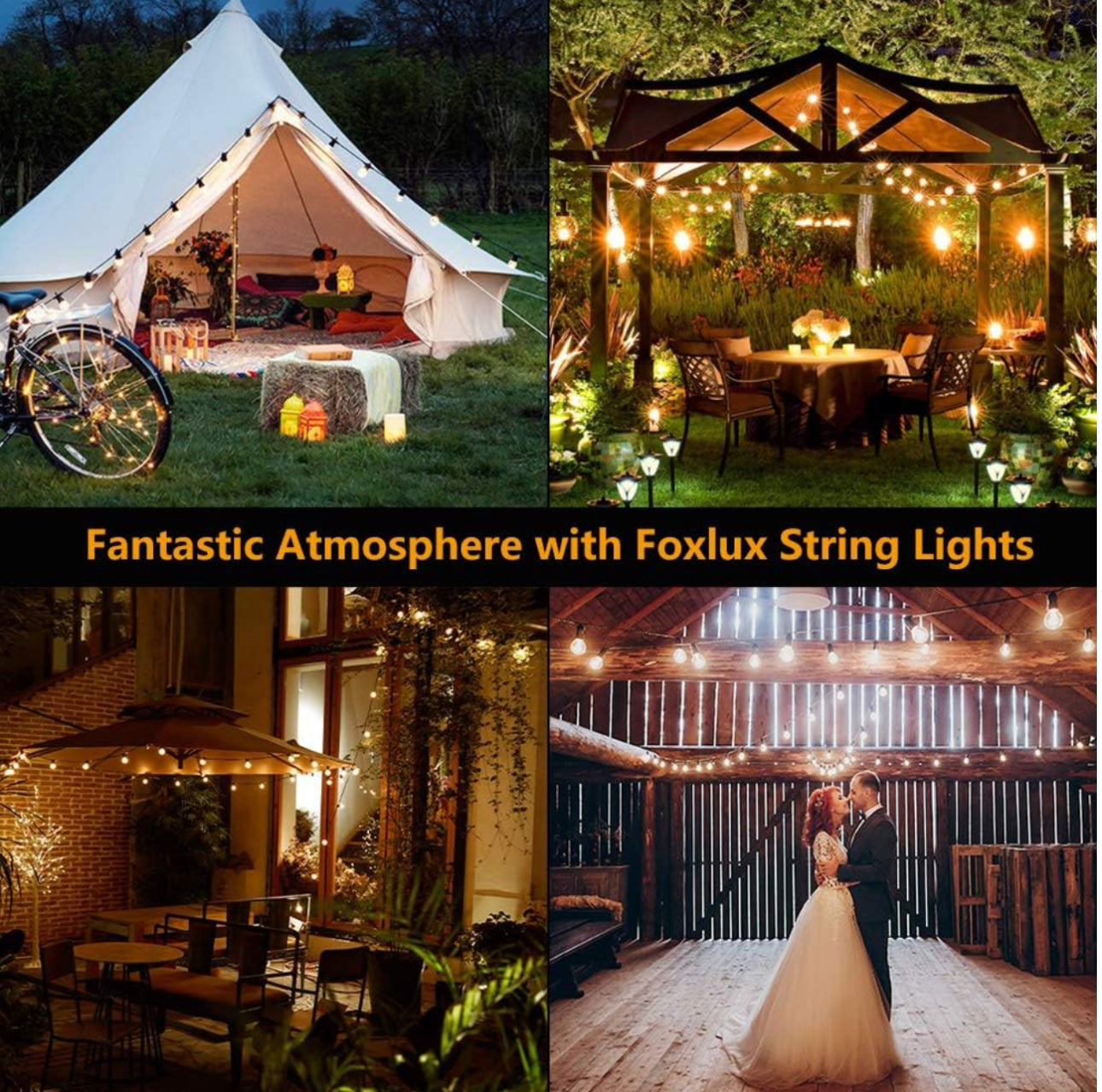 48 Ft Plug-In LED Outdoor String Lights Waterproof- Hanging, Dimmable 2W Vintage Edison Bulbs