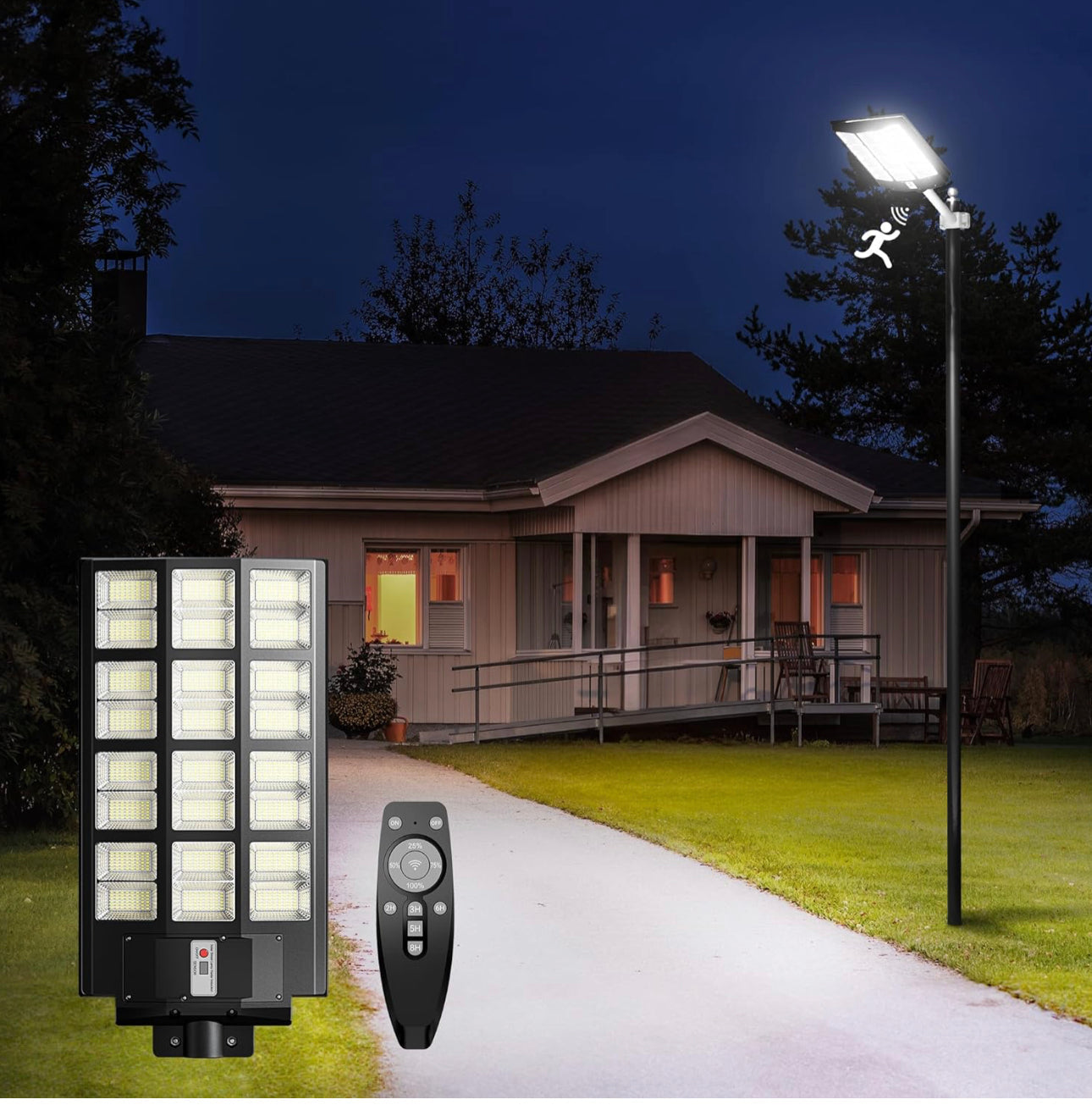 1200W Commercial Solar Street Light , 100000LM Parking Lot Light Commercial Dusk to Dawn With Remote