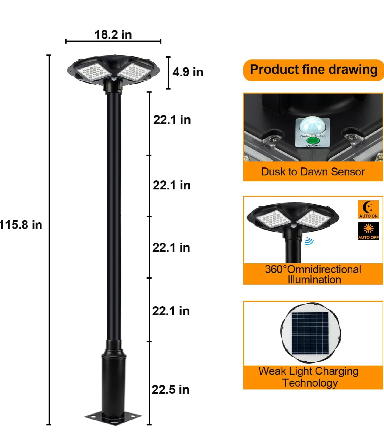 1500W Commercial Solar Flag Pole Outdoor Lamp Post Light with 98 inch Pole IP67 Waterproof With Remote