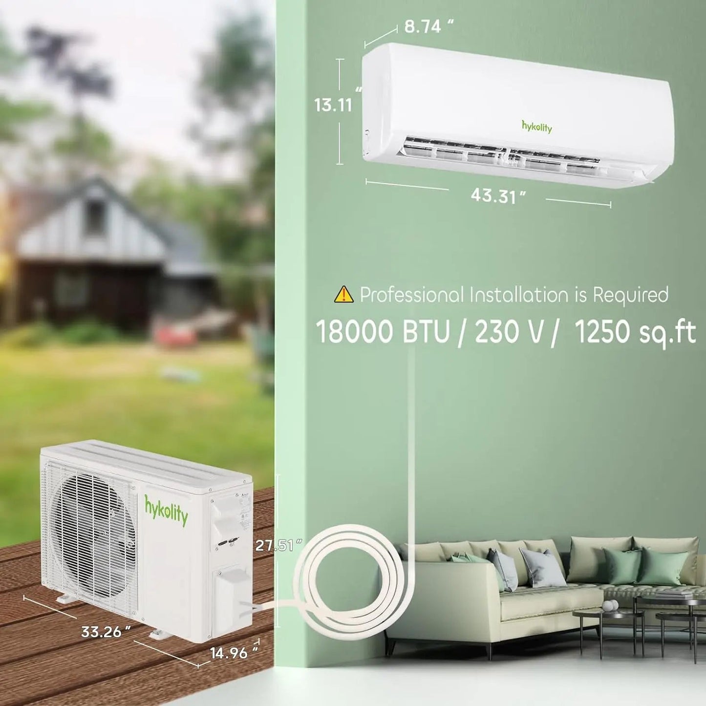 HYKOLITY Wifi Enabled 18,000 BTU Mini Split Air Conditioner & Heater, 19 SEER2 230V Split AC Unit Ductless Inverter System with Heat Pump, Installation Kits - Cools Rooms up to 1250 Sq.Ft