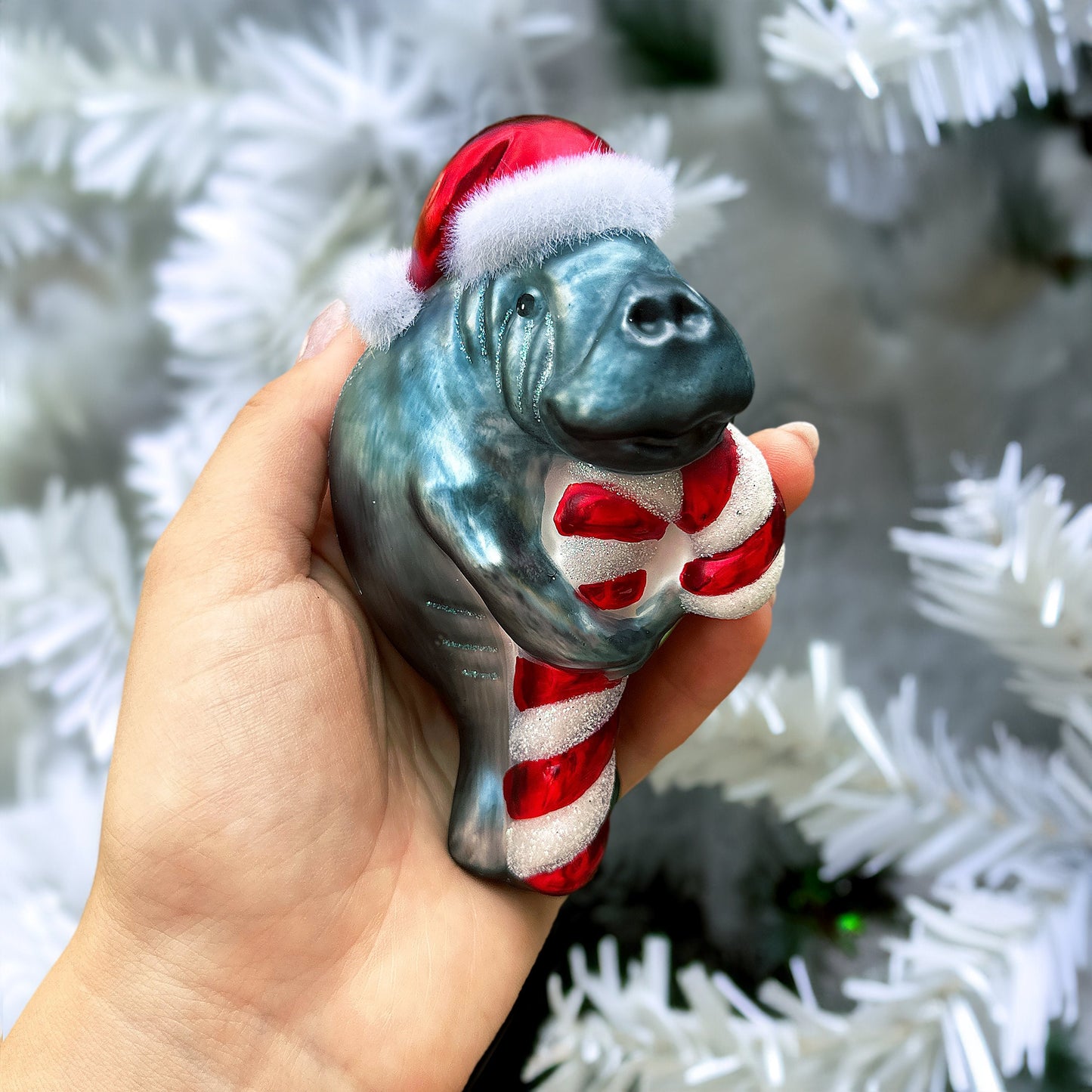 Aquatic Manatee Glass Christmas Ornament, Sea Cow Coastal Ocean Animal Holiday Decoration