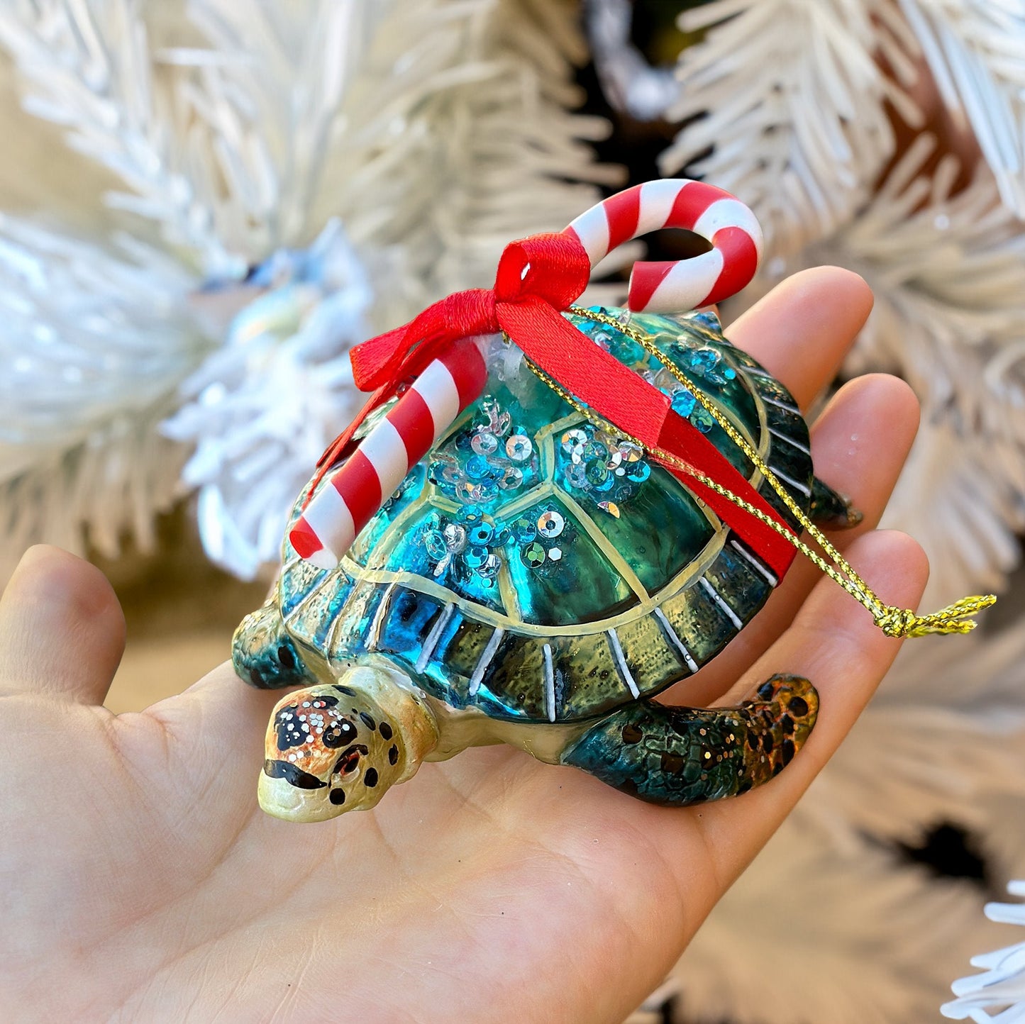 Nautical Gift Wrapped Sea Turtle Glass Christmas Ornament, Tropical Beach Holiday Decor