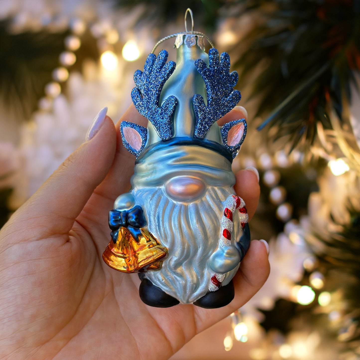 Charming Blue Gnome with Antlers Glass Christmas Ornament