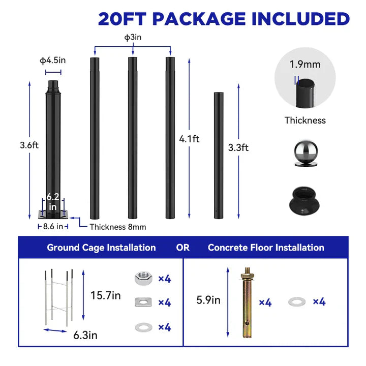 20Ft Commercial Grade Street/Parking/Flag Light Pole, Aluminum + Cage  1-Pack