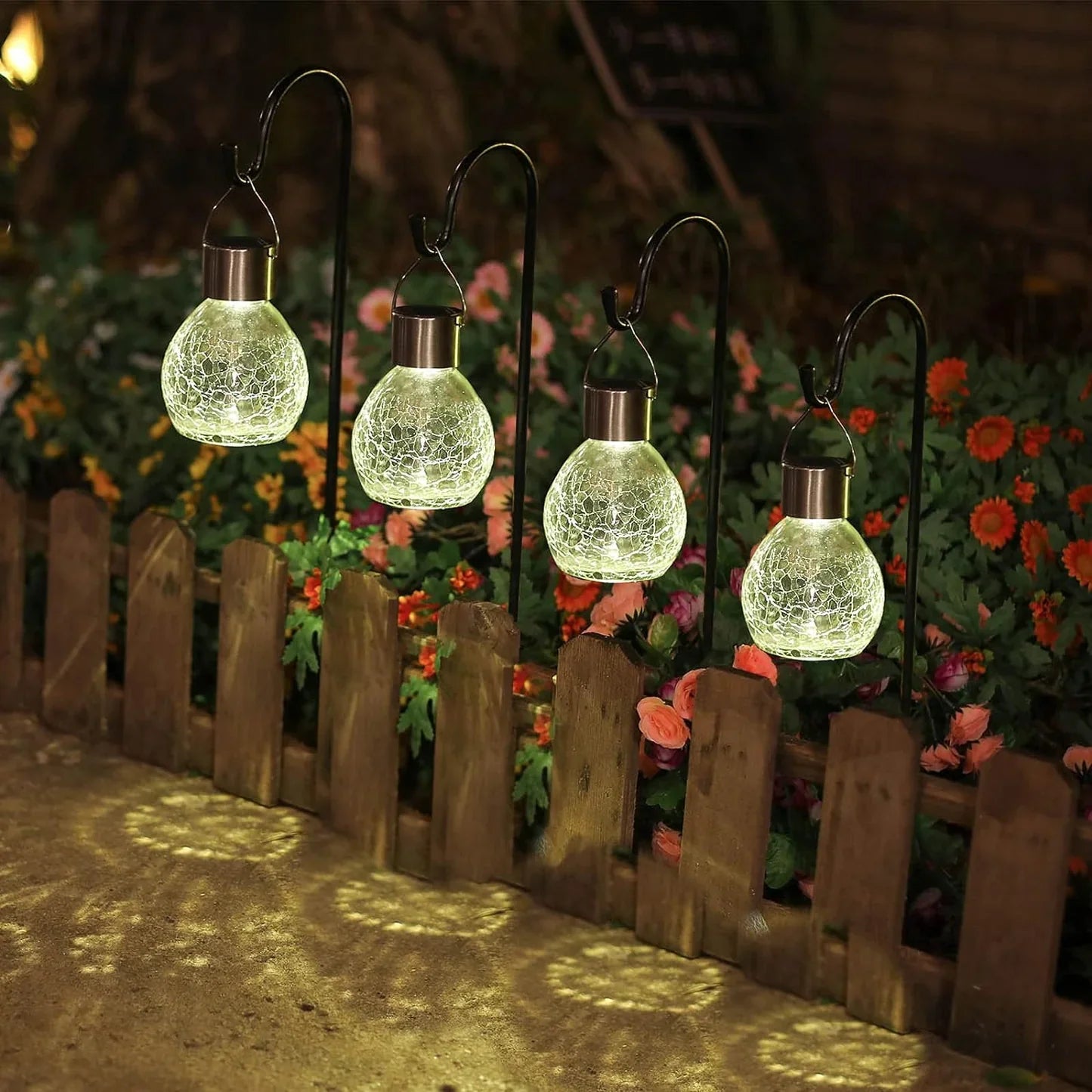 Berkeley Jensen 4 Pack Hanging Solar Lights with Shepherd Hooks, Crackle Glass Ball Design