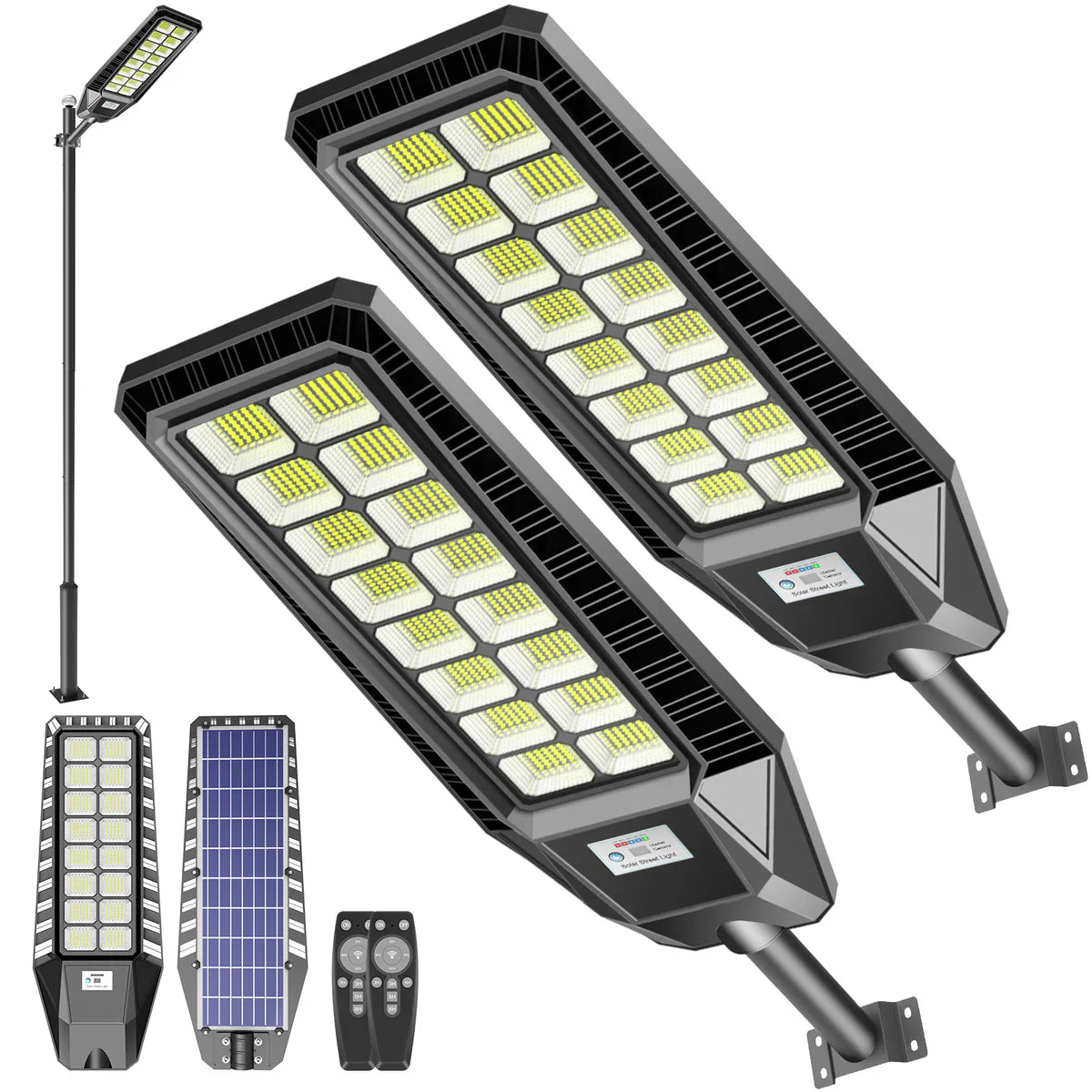 2 Pack 1600W Solar Street Lights Outdoor 90000 Lumens Dusk to Dawn With Remote and Motion Sensor