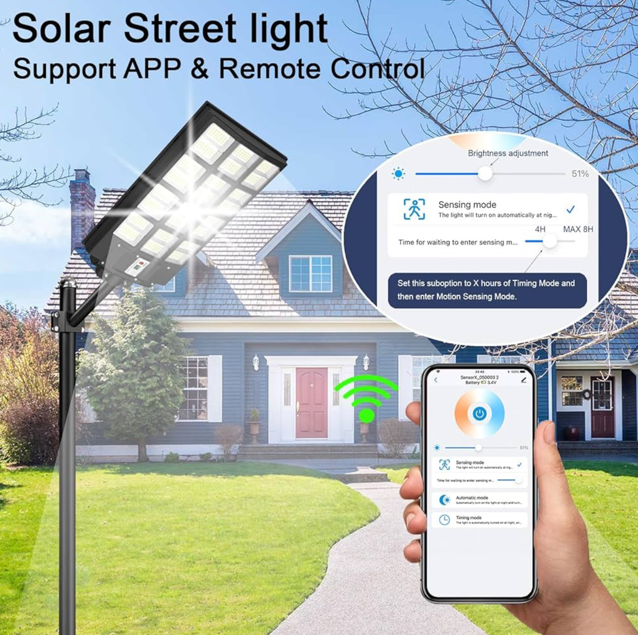 2000W Solar Street Light Outdoor, 250000LM 6500K with Mobile App Remote Control Dusk to Dawn LED Motion Sensor