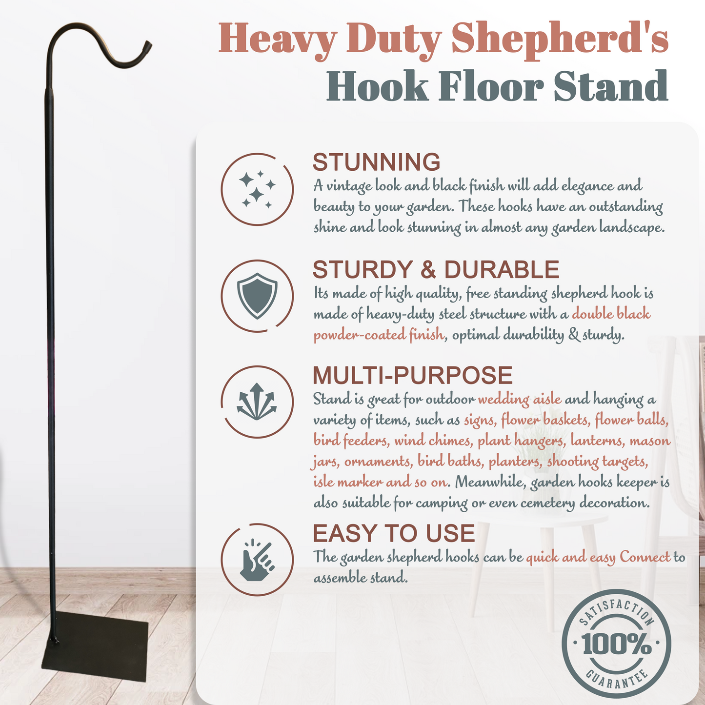 60" Adjustable Heavy Duty Shepherd's Hook Floor Stand Garden Hook for Outdoor Patio, Hanging Plant, Solar Lights, Lanterns, Bird Feeders and Wedding Decor