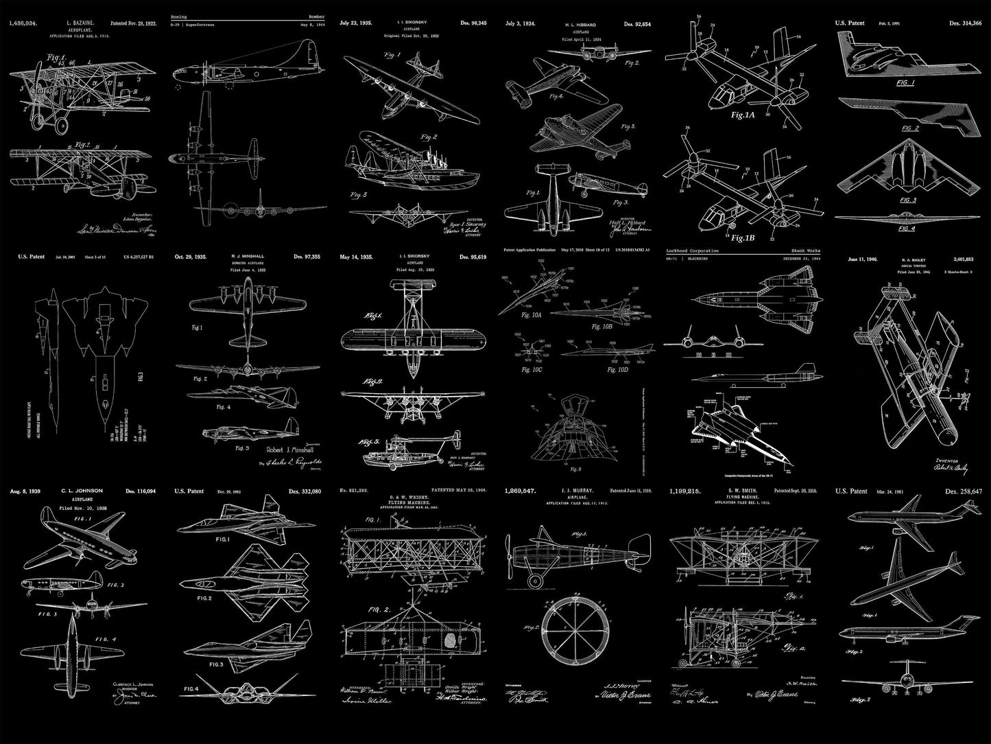 Aviation Wallpaper Mural. Featuring Military Jet and Airplane Patent Designs. #6732