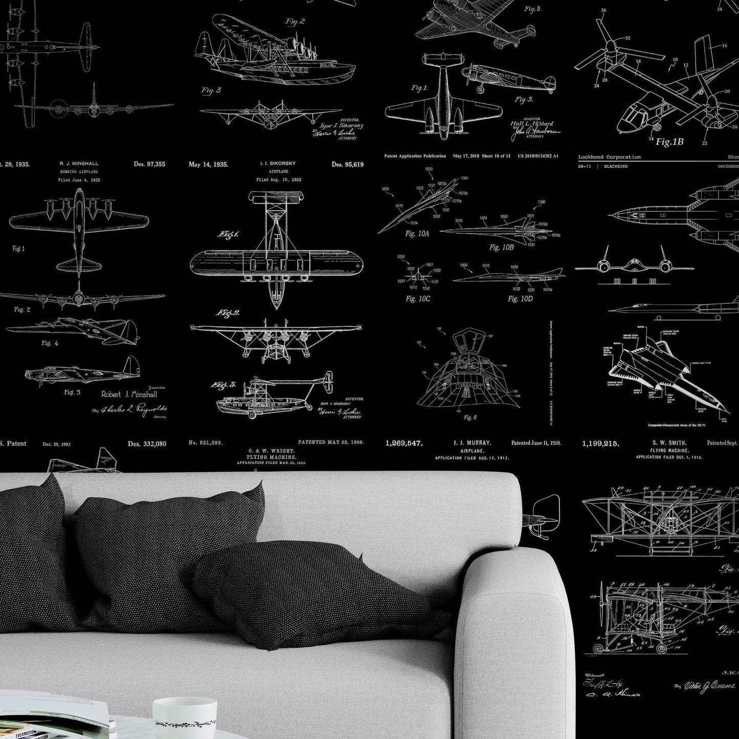 Aviation Wallpaper Mural. Featuring Military Jet and Airplane Patent Designs. #6732