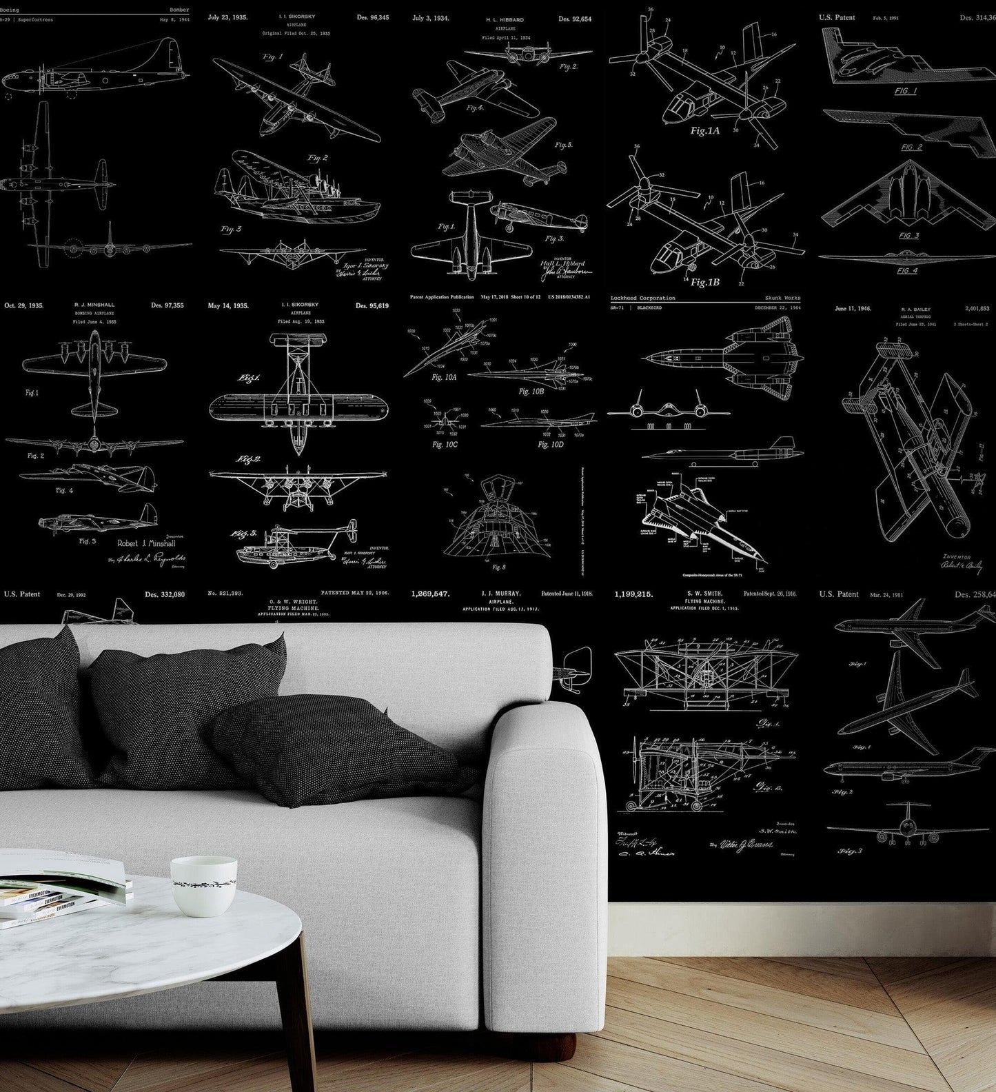 Aviation Wallpaper Mural. Featuring Military Jet and Airplane Patent Designs. #6732