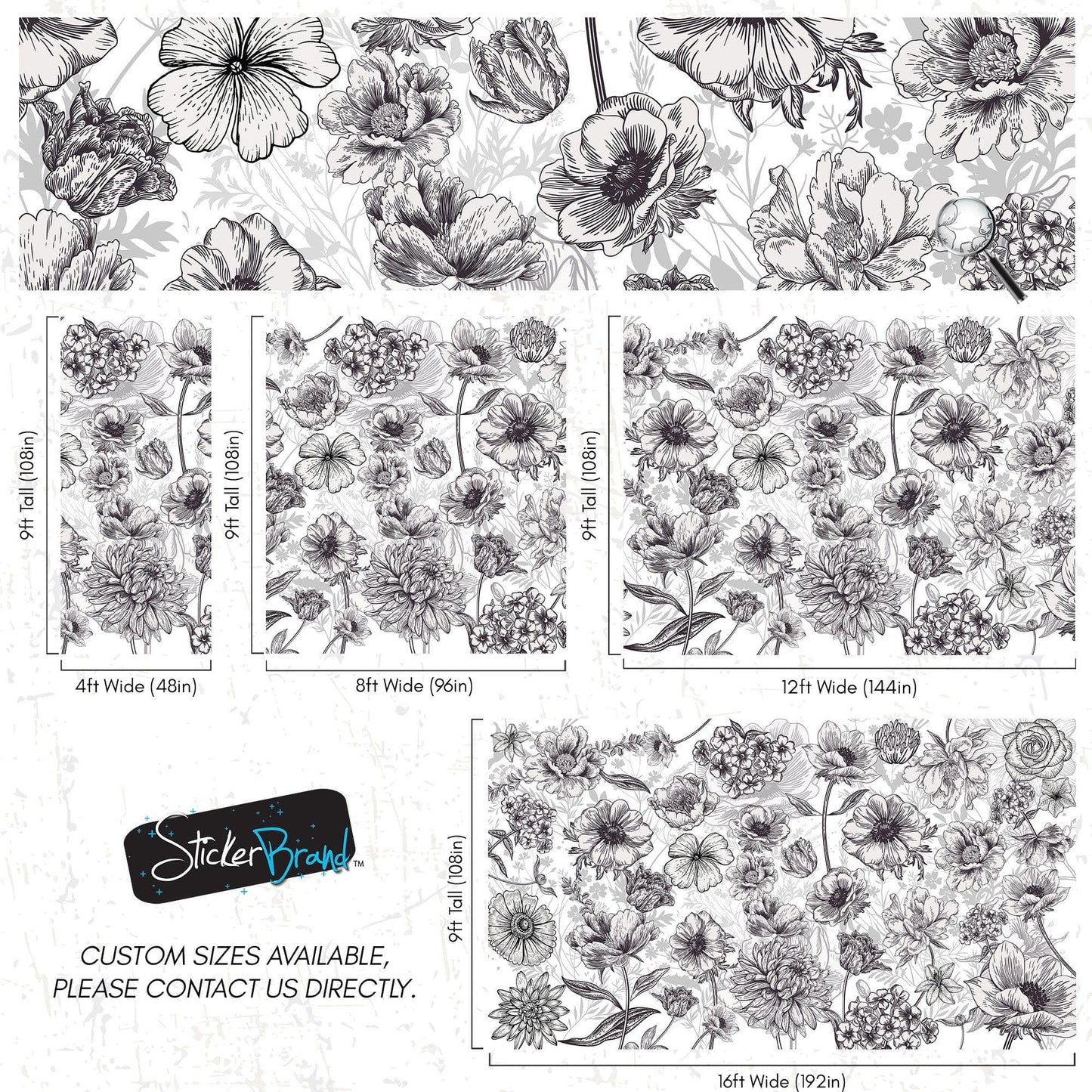 Black and White Flower Wallpaper Mural. #6676