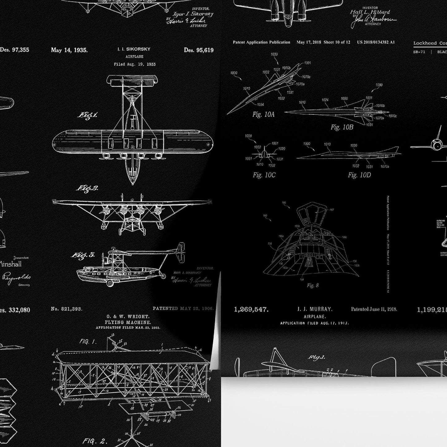 Aviation Wallpaper Mural. Featuring Military Jet and Airplane Patent Designs. #6732