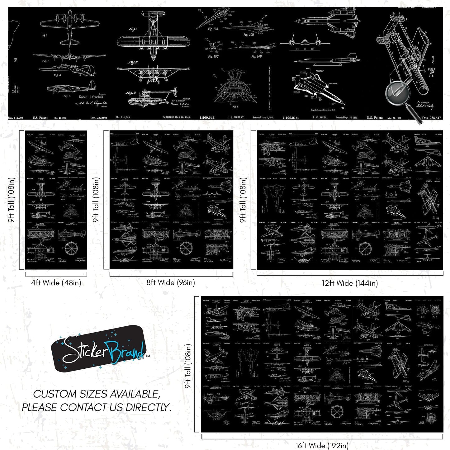 Aviation Wallpaper Mural. Featuring Military Jet and Airplane Patent Designs. #6732