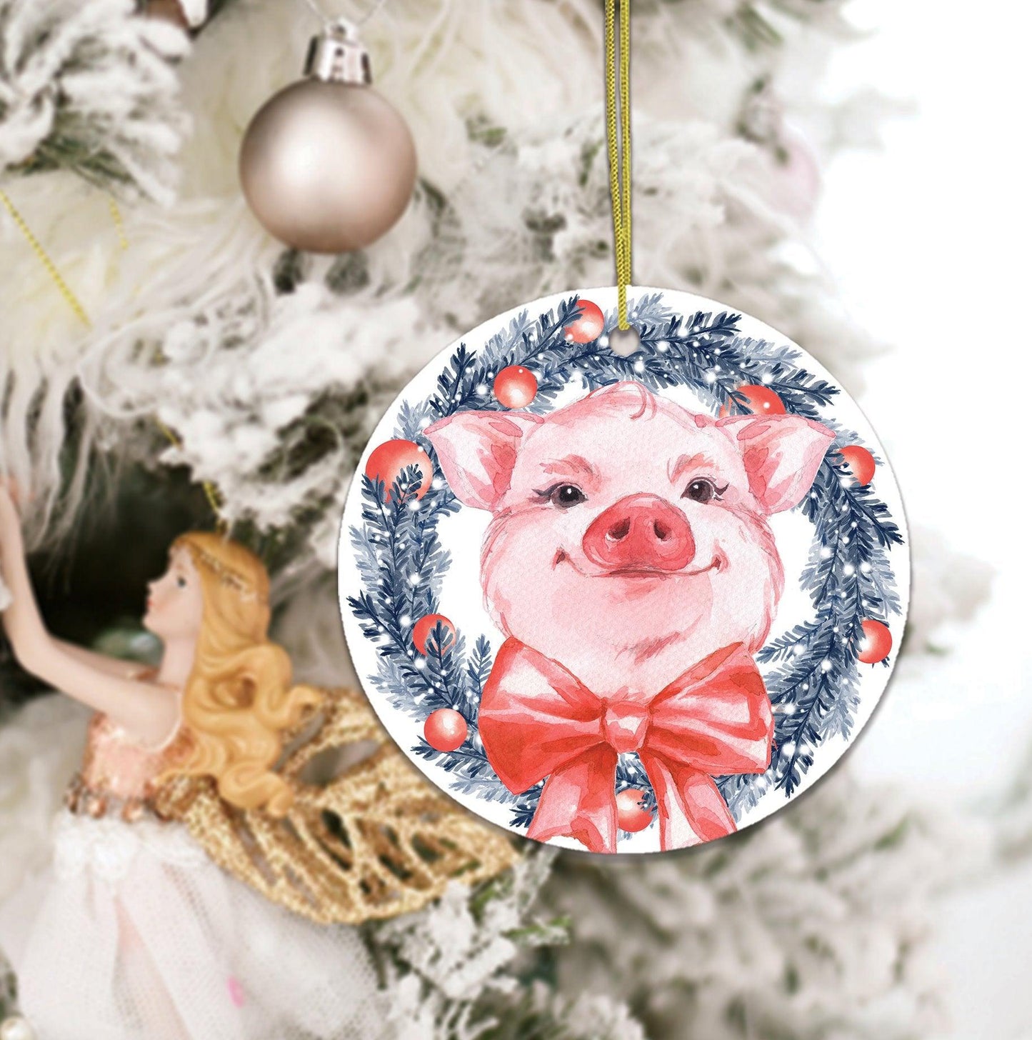 Pig in Christmas Wreath Ornament