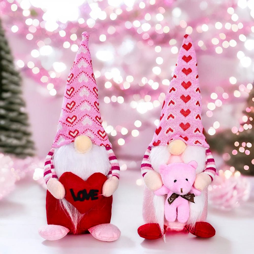 Pink and Red Lovebirds Heartwarming Set of 2 Valentines Gnomes, Standing Plush Cute Gift Decor