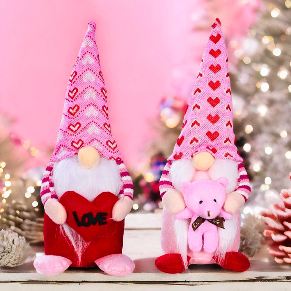 Pink and Red Lovebirds Heartwarming Set of 2 Valentines Gnomes, Standing Plush Cute Gift Decor