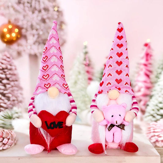 Pink and Red Lovebirds Heartwarming Set of 2 Valentines Gnomes, Standing Plush Cute Gift Decor