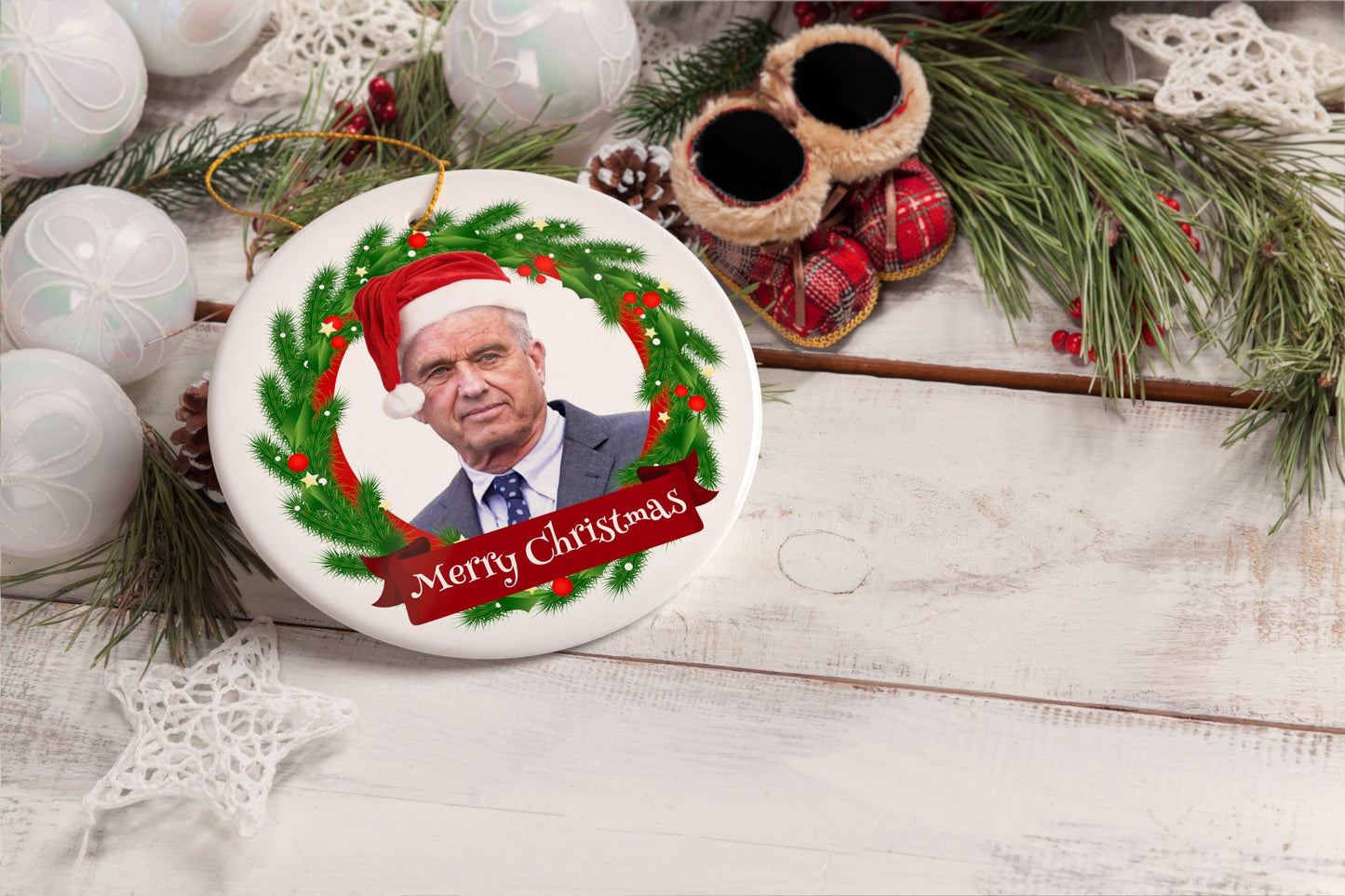 RFK JR Merry Christmas in Christmas Wreath Ornament, Robert Kennedy