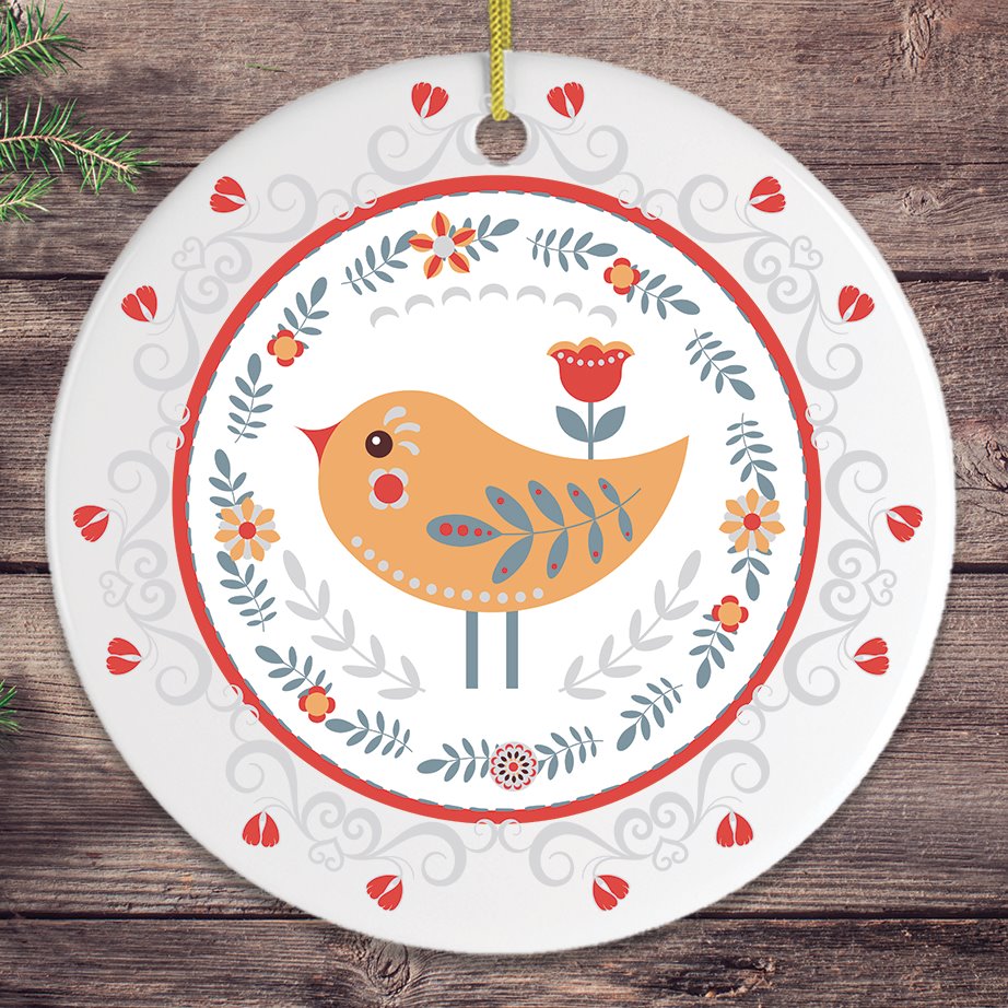 Scandinavian Yellow Bird Christmas Ornament, Ethnic Floral Pattern, Folk Illustration