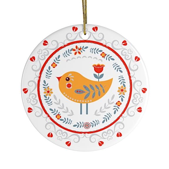 Scandinavian Yellow Bird Christmas Ornament, Ethnic Floral Pattern, Folk Illustration