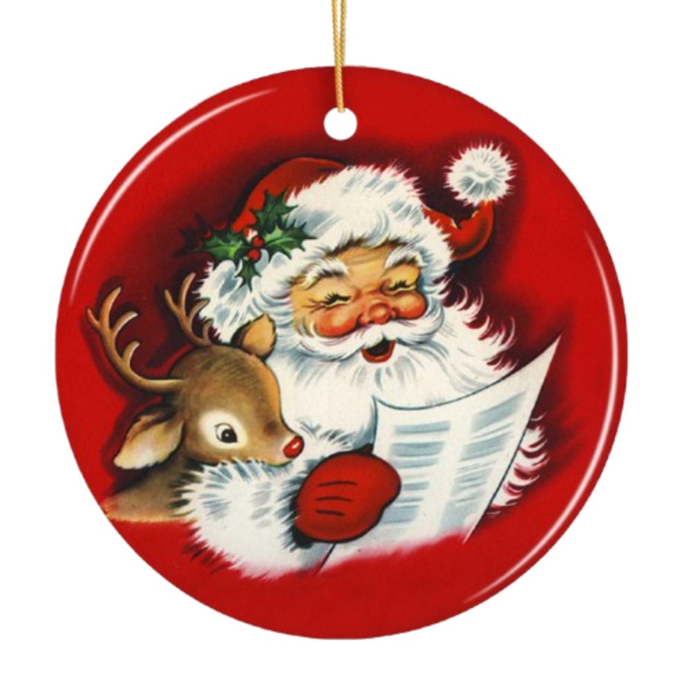 Santa and Baby Reindeer Singing a Christmas Carol Ornament