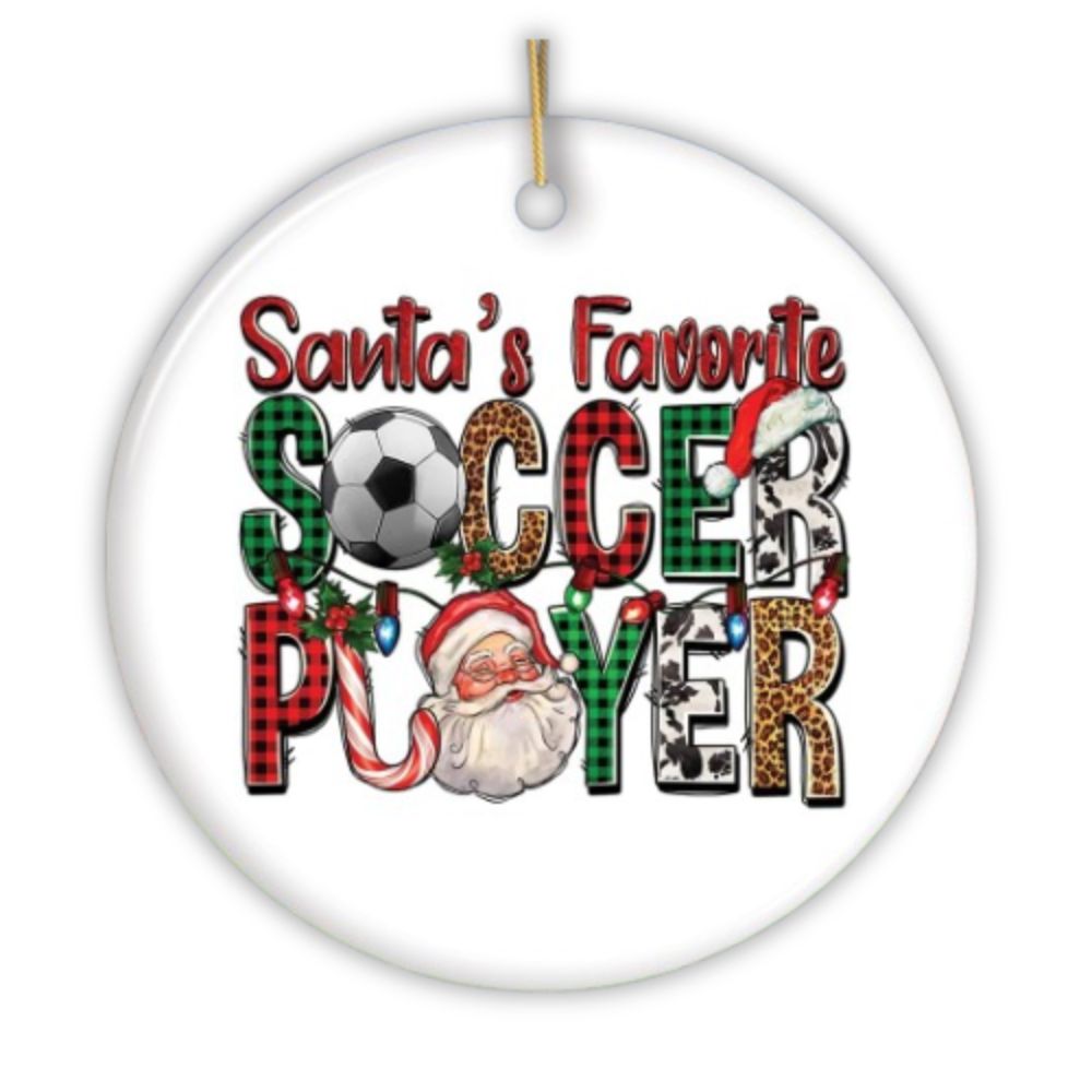 Santa’s Favorite Soccer Player Christmas Plaid Ornament, Coach Football Gift