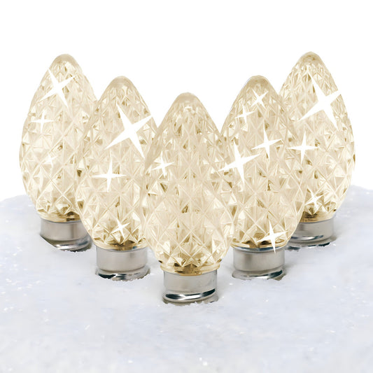 C7 Warm White  LED Christmas Light Bulbs, Faceted, Pack of 25, TWINKLE