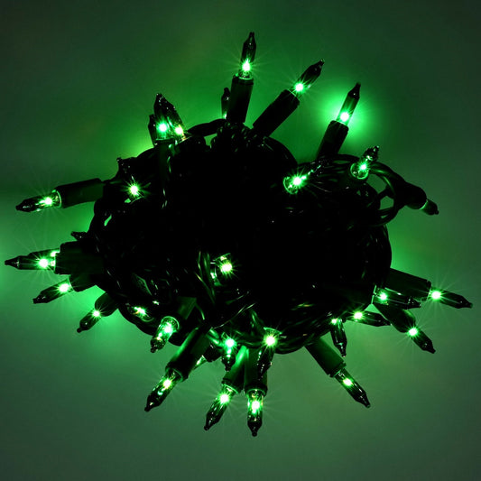 100 Green Incandescent Mini Lights, Green Wire, 4" Spacing [CLOSEOUT]