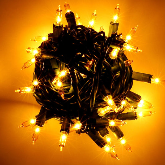 50 Yellow Incandescent Mini Lights, Green Wire, 6" Spacing [CLOSEOUT]