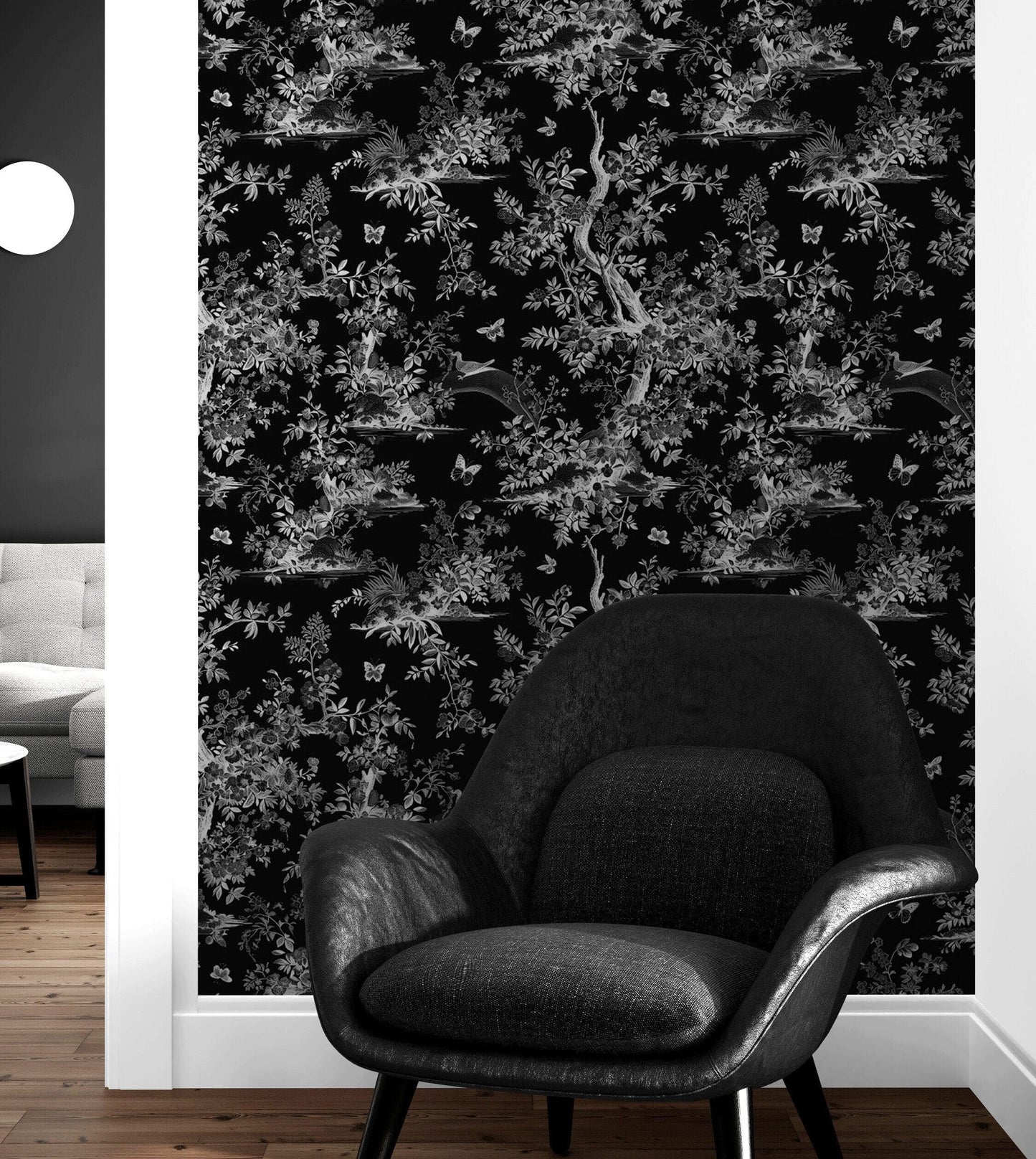 Black and White Toile De Jouy Vintage Wallpaper Mural. #6728